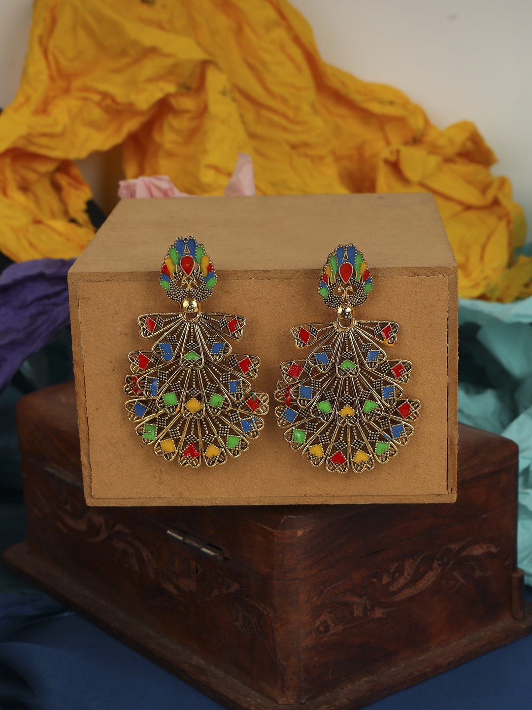 ANIKAS CREATION Gold-Plated & Red Contemporary Drop Earrings