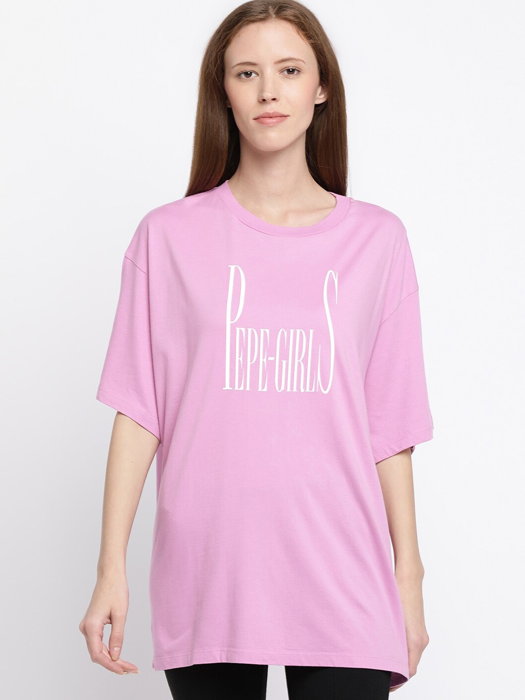 

Pepe Jeans Women Pink Brand Logo Print Round Neck Longline T-shirt