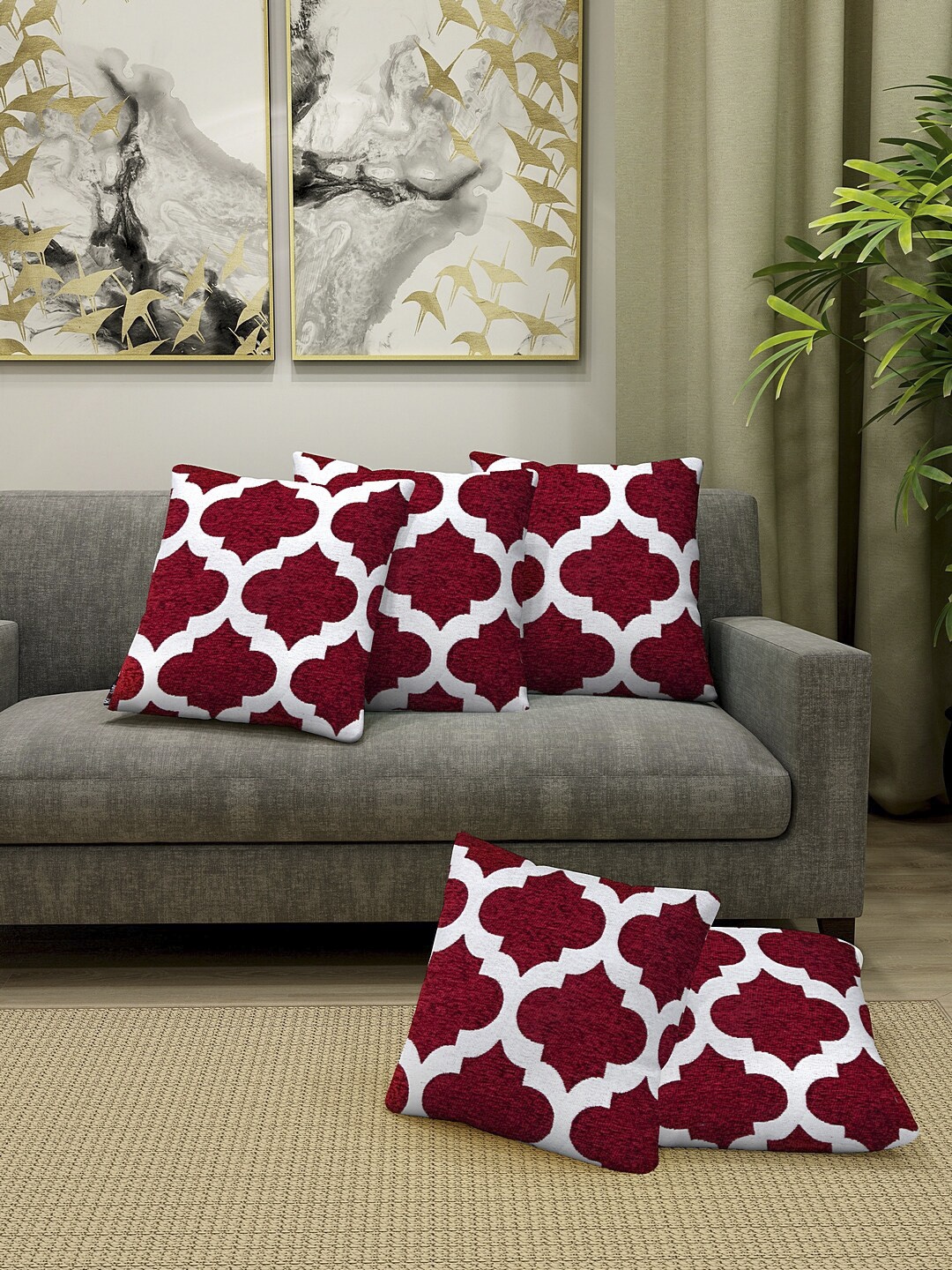 

KLOTTHE Set Of 5 Maroon & White Self Design Cushion Covers