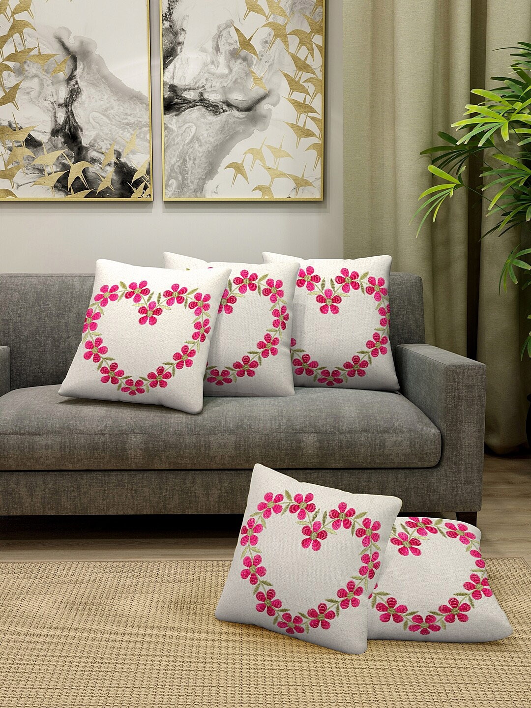 

KLOTTHE Set Of 5 Off White & Pink Embroidered Square Cushion Covers