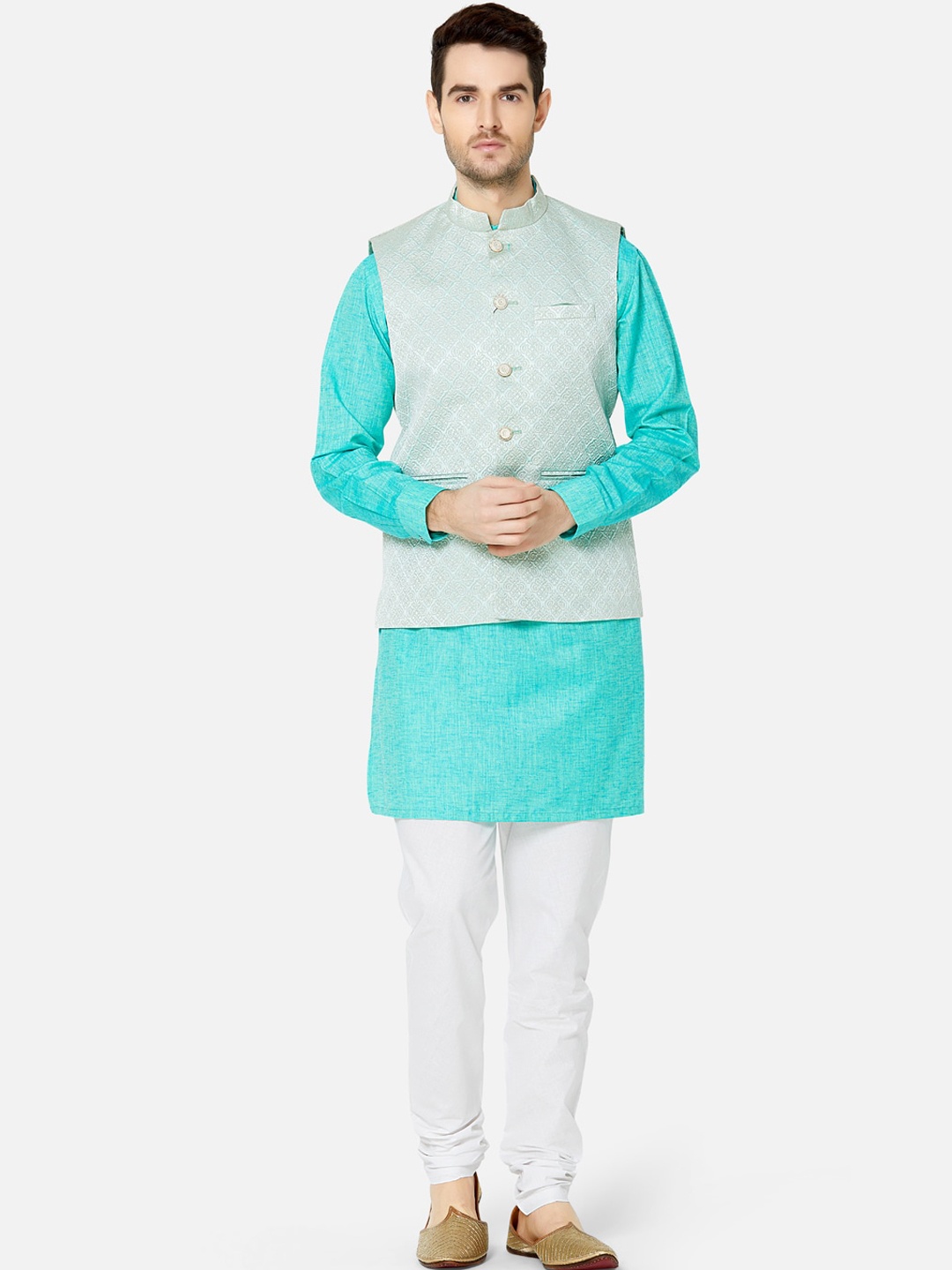 

Ethnicity Men Sea Green Printed Nehru Jacket