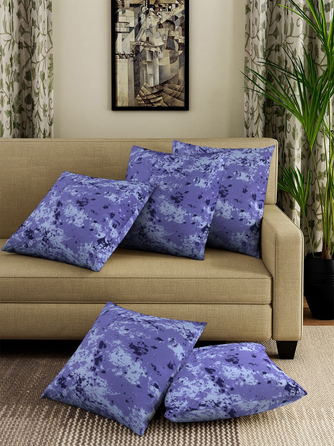 

Cortina Set Of 5 Blue & Grey Printed Square Cushion Covers