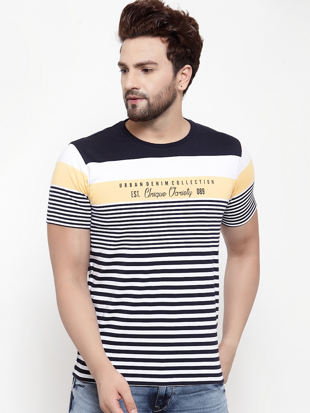 

Cantabil Men Navy Blue & White Striped Round Neck T-shirt