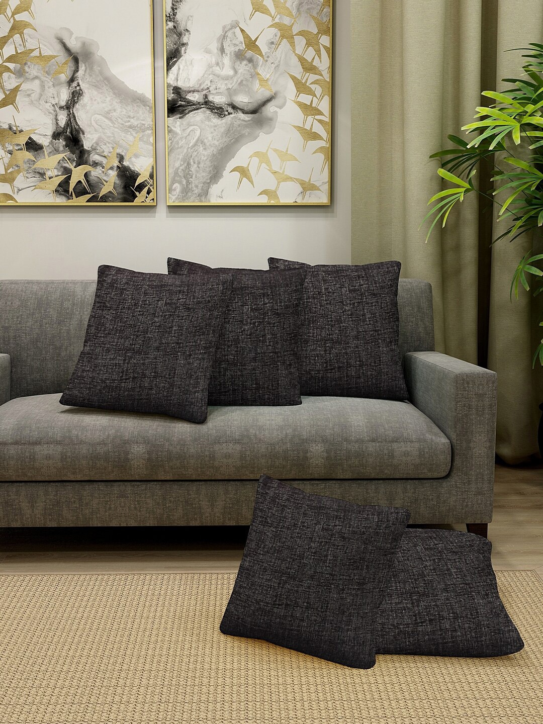 

KLOTTHE Black Set Of 5 Black Textured Square Cushion Covers