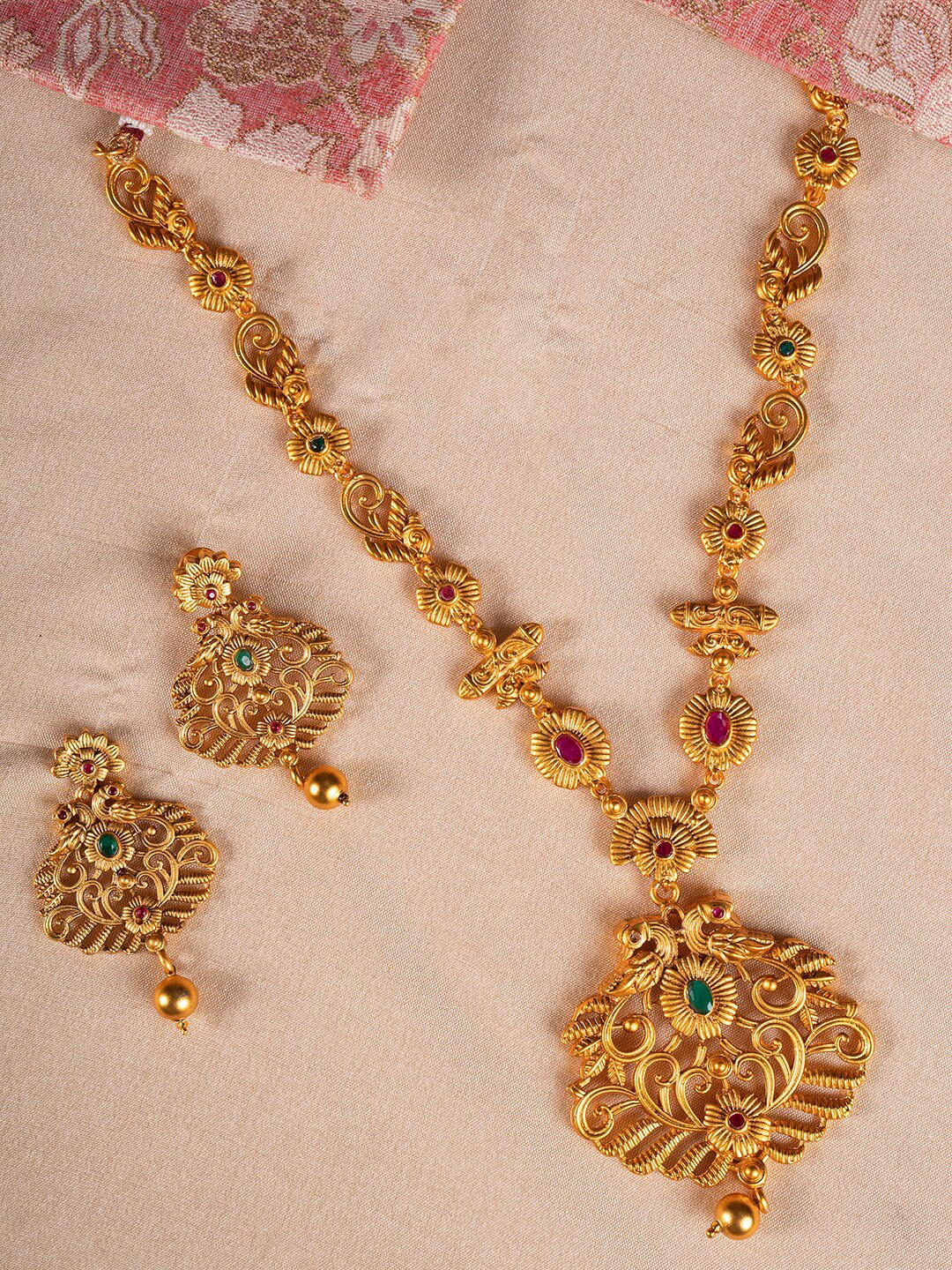 

Shoshaa Gold-Plated Green & Red Stone-Studded Jewellery Set