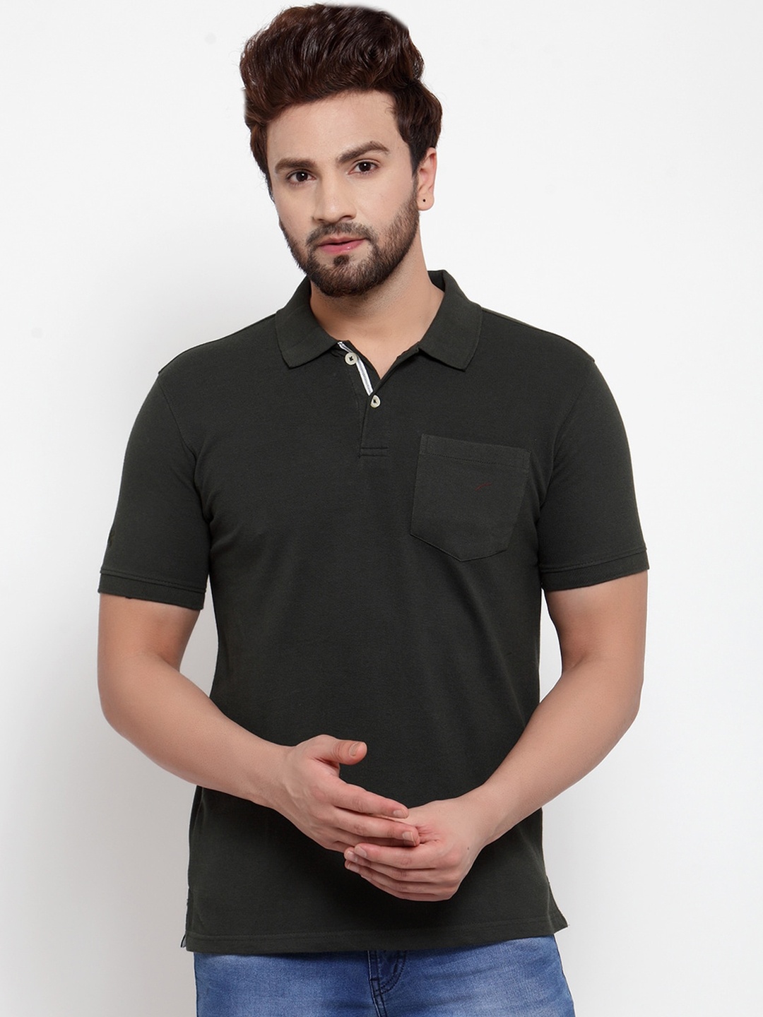 

Cantabil Men Olive Green Solid Polo Collar T-shirt