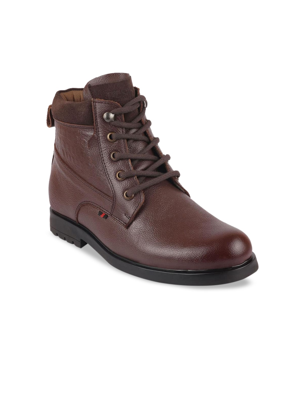 

FAUSTO Men Brown Solid Leather Mid-Top Flat Boots