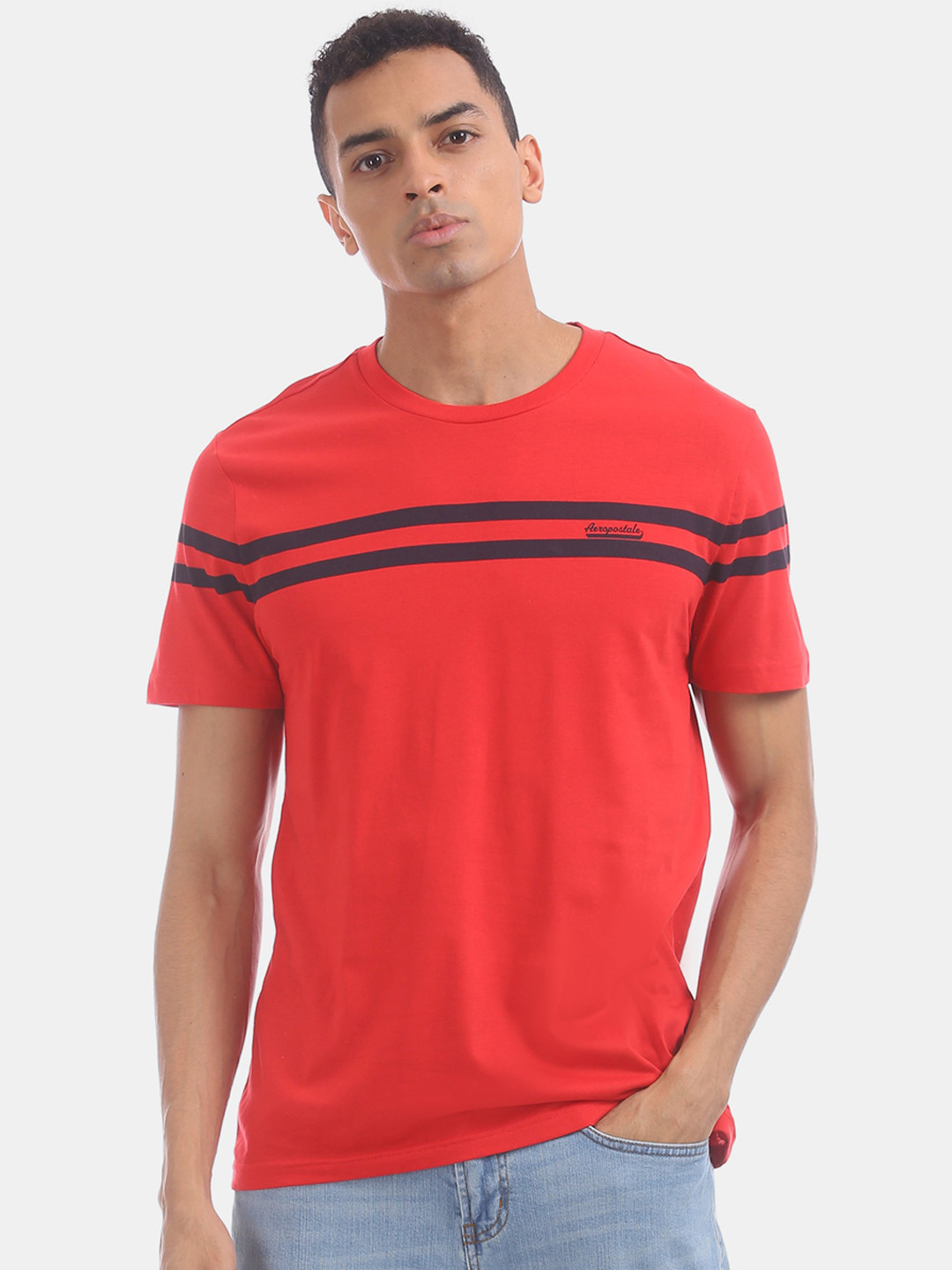 

Aeropostale Men Red Striped Round Neck Tshirt