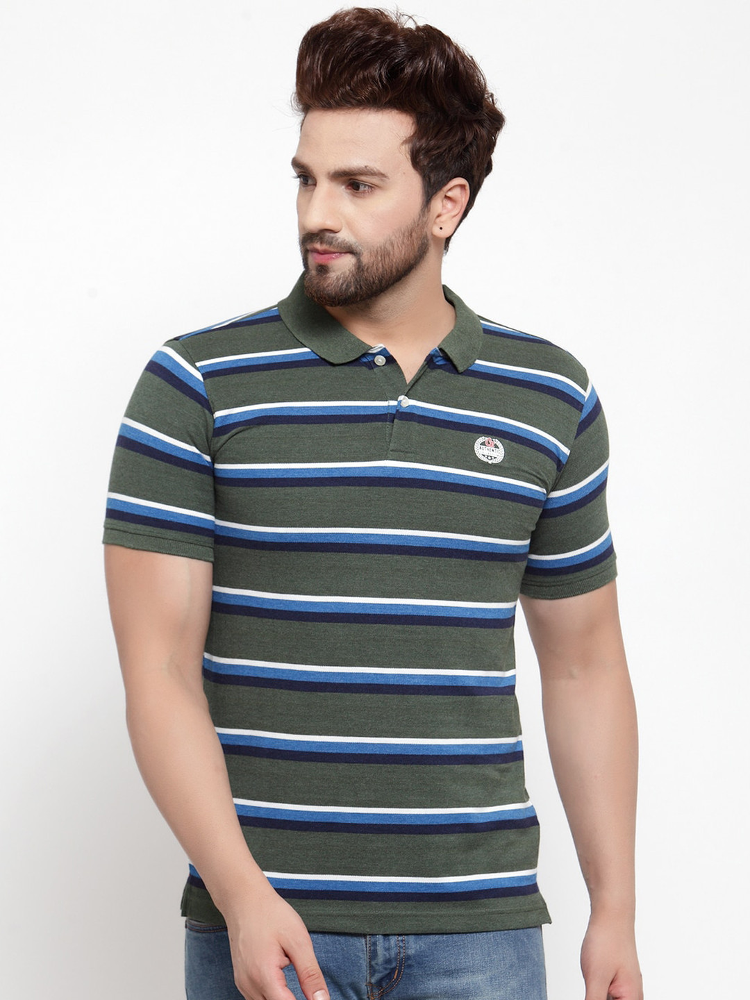 

Cantabil Men Green Striped Polo Collar T-shirt