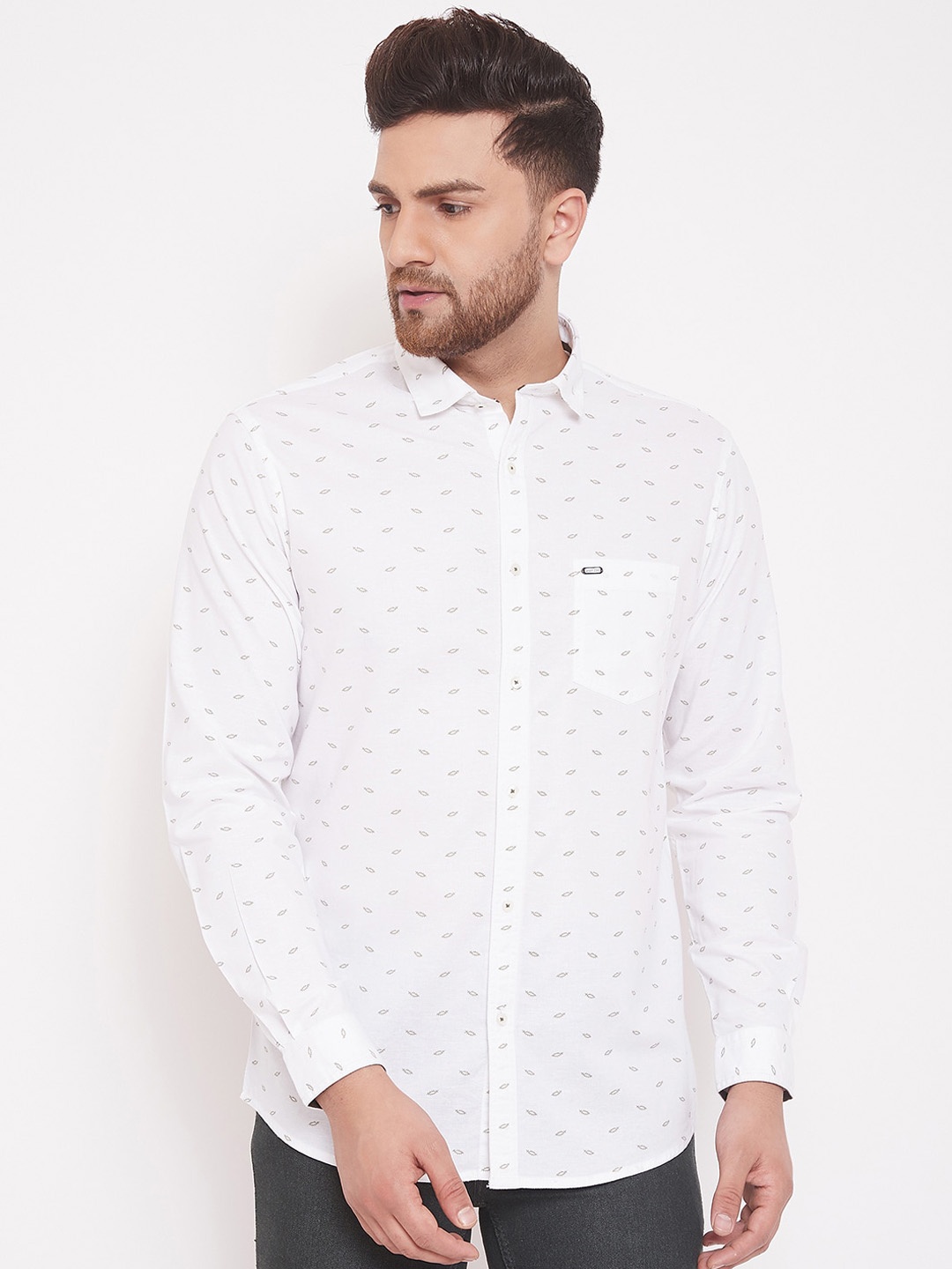 

Canary London Men White & Olive Green Slim Fit Printed Casual Shirt