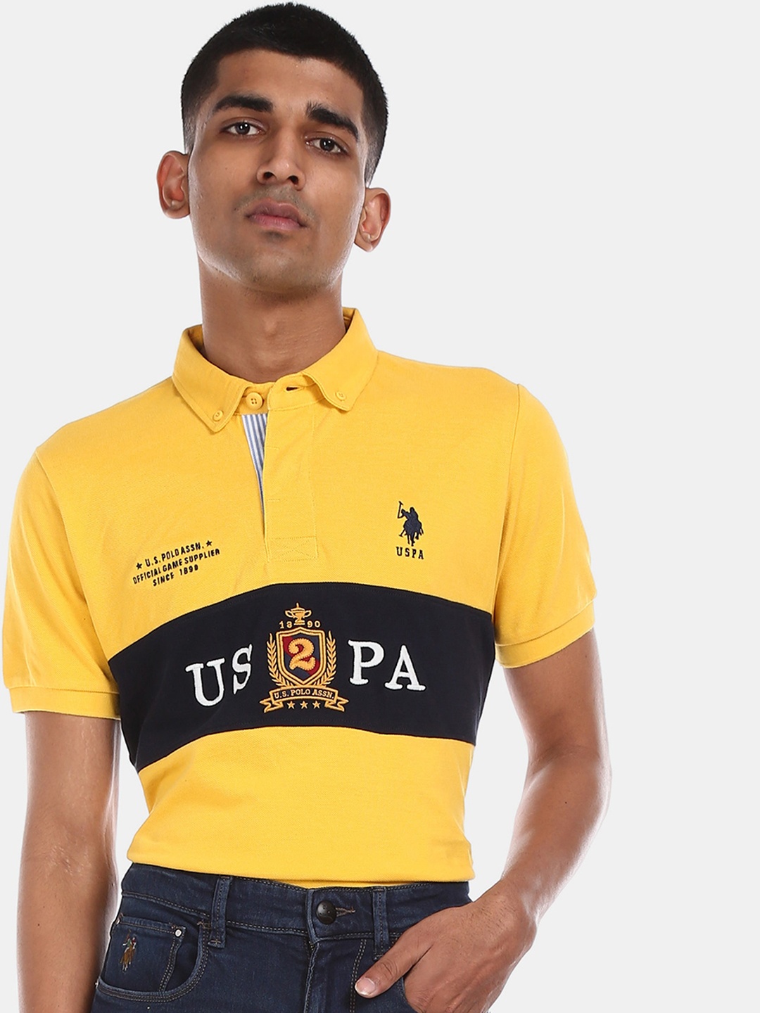 

U.S. Polo Assn. Men Yellow & Navy Blue Colourblocked Polo Collar T-shirt