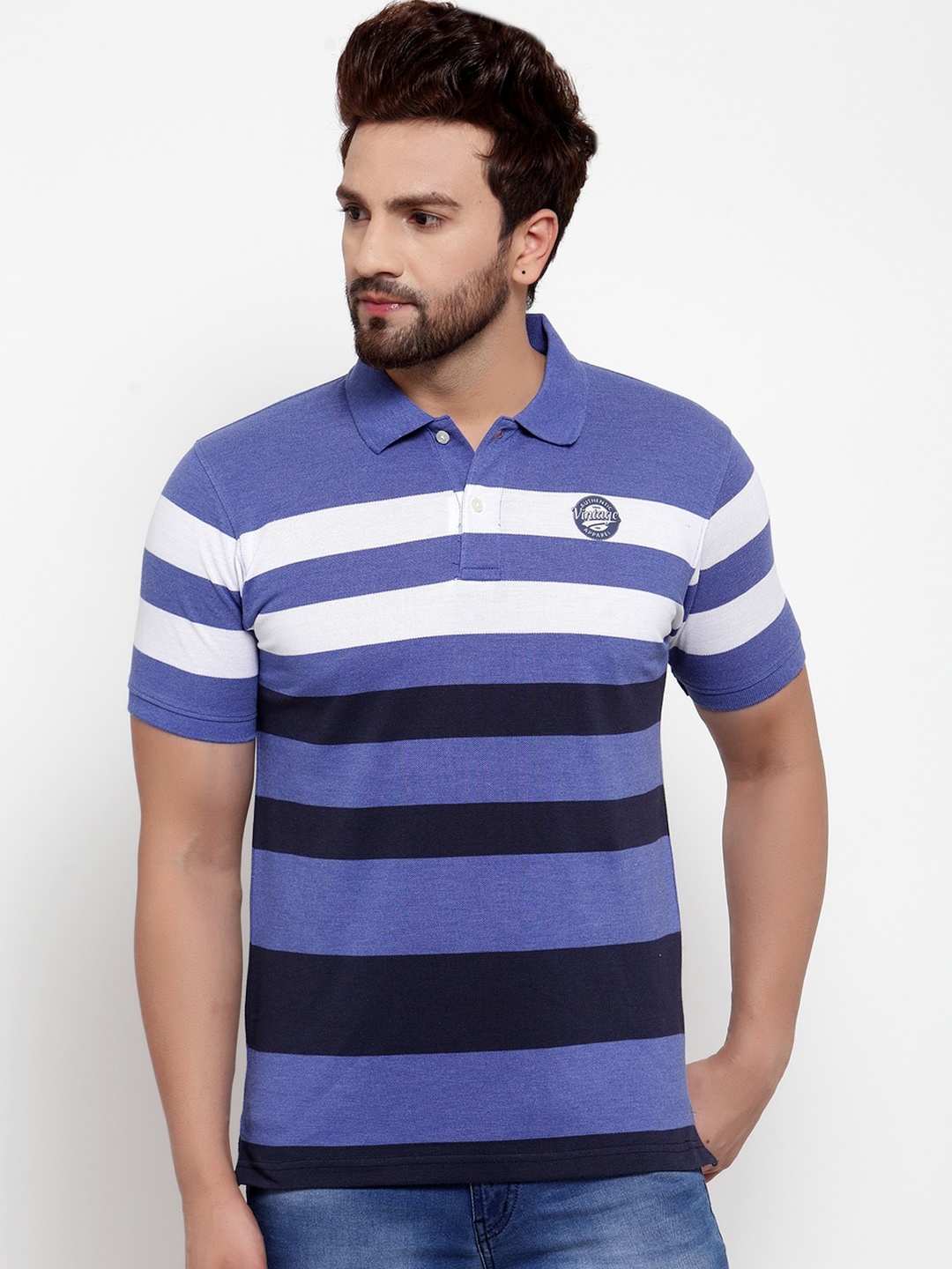 

Cantabil Men Blue Striped Polo Collar T-shirt