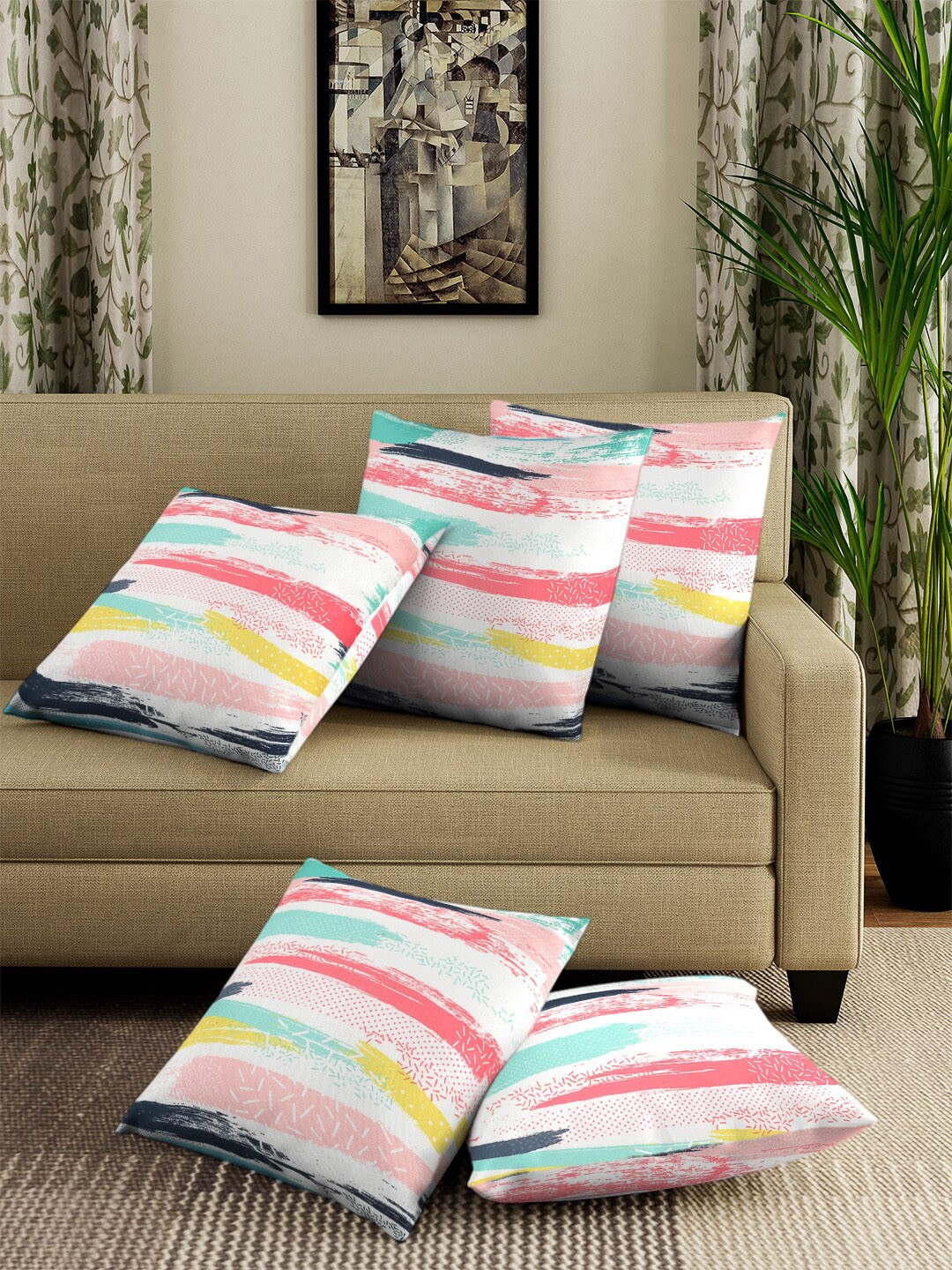

Cortina Set Of 5 White & Pink Printed Square Cushion Covers