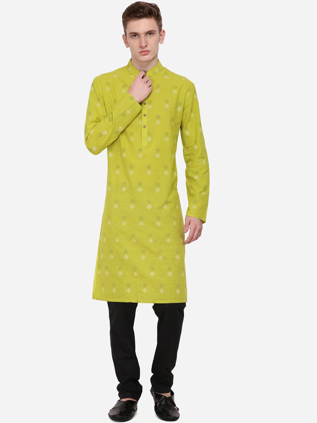 

azania Men Green Striped Straight Kurta