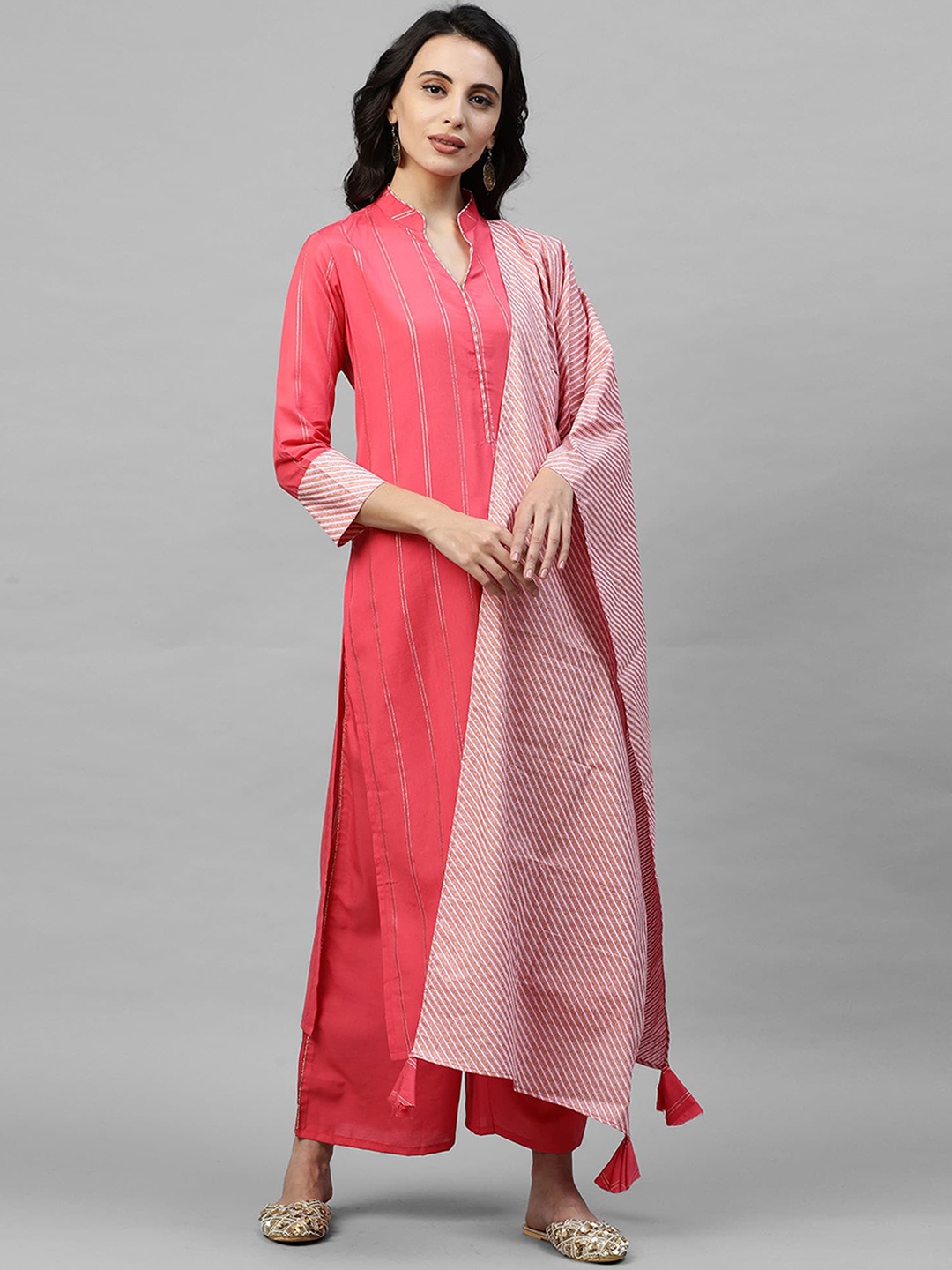 

Indo Era Women Pink Striped Kurta with Palazzos & Dupatta