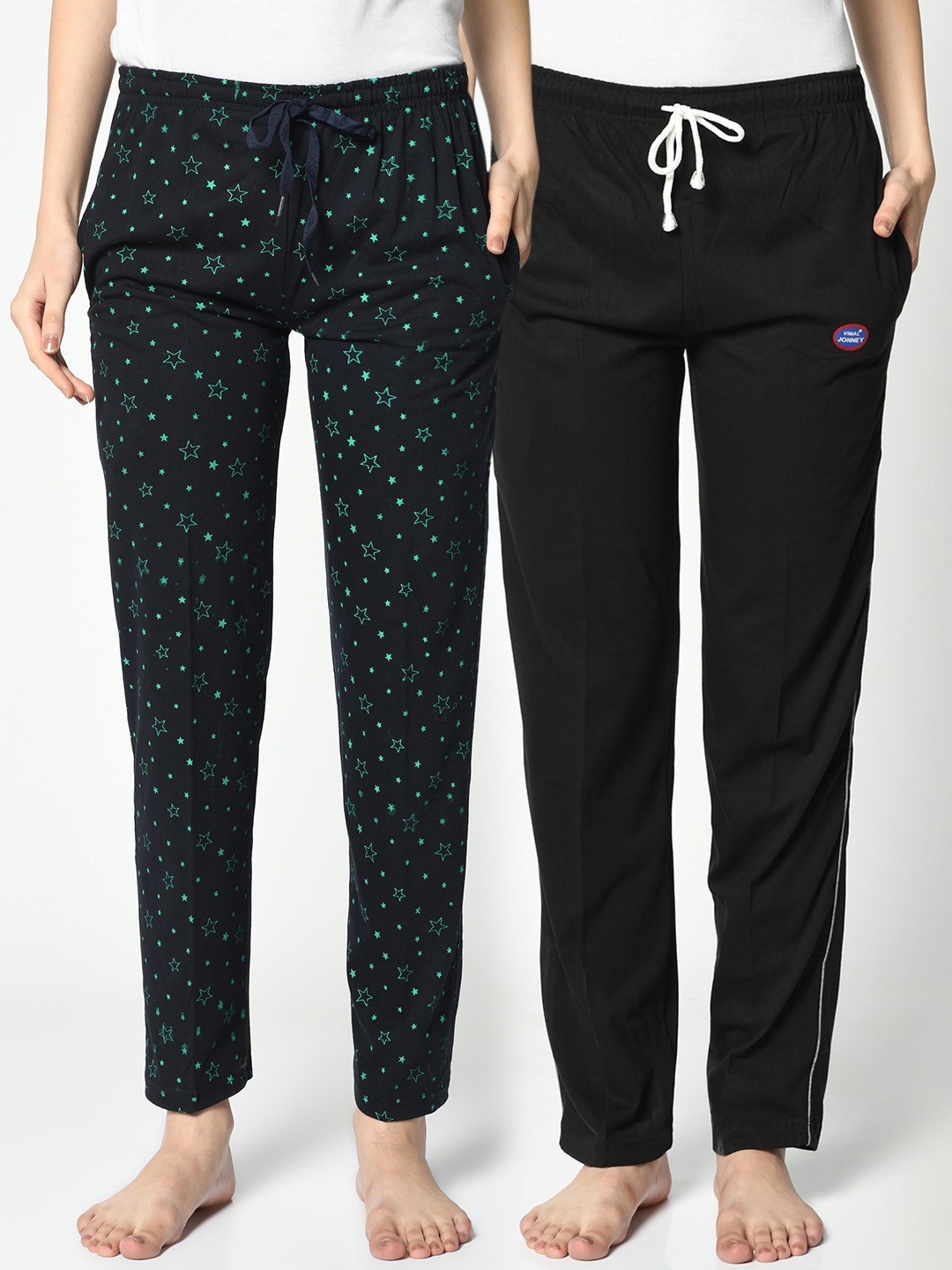 

VIMAL JONNEY Women Pack of 2 Black & Navy Blue Solid Lounge Pants