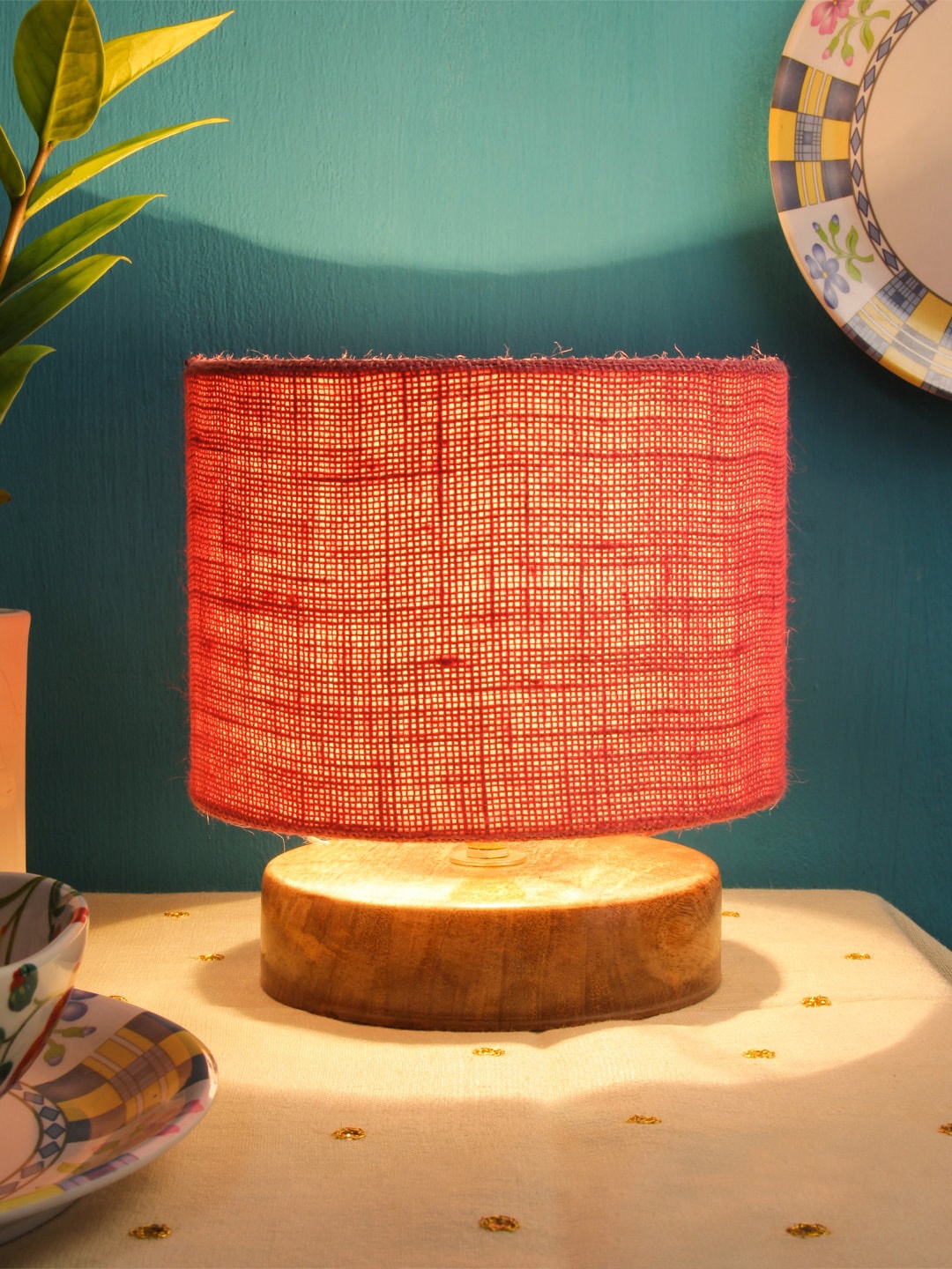 

Devansh Pink Solid Drum Designer Shade Table Lamp With Wood Base