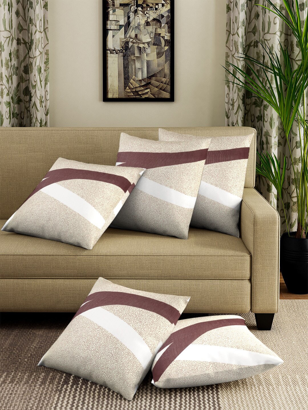 

Cortina Set Of 5 Beige & Brown Abstract Printed Square Cushion Covers