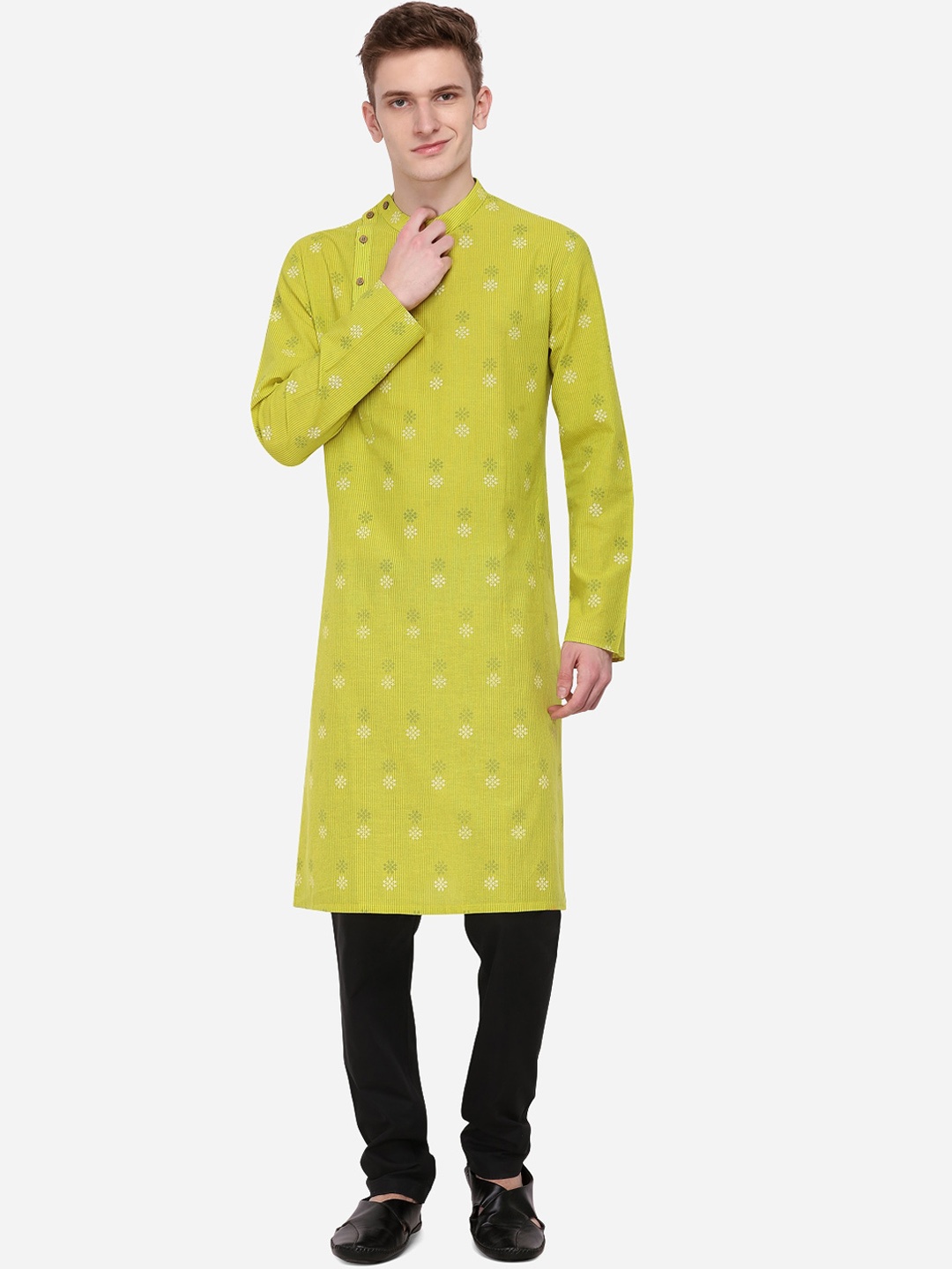 

azania Men Green Woven Design Straight Kurta