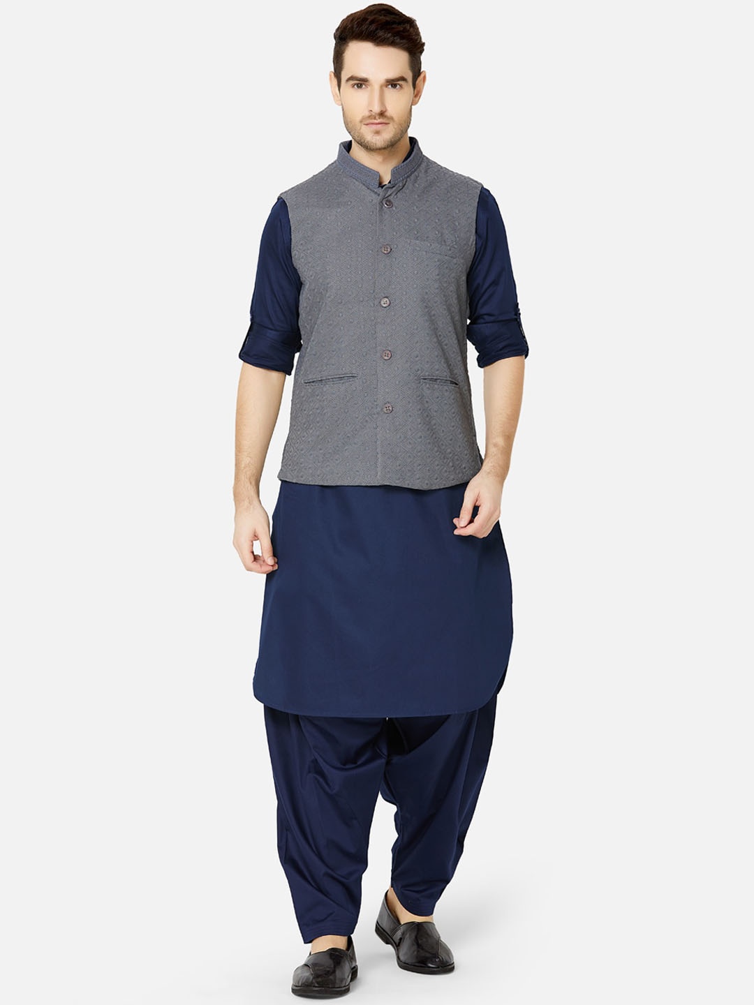 

Ethnicity Men Grey Woven Design Nehru Jacket