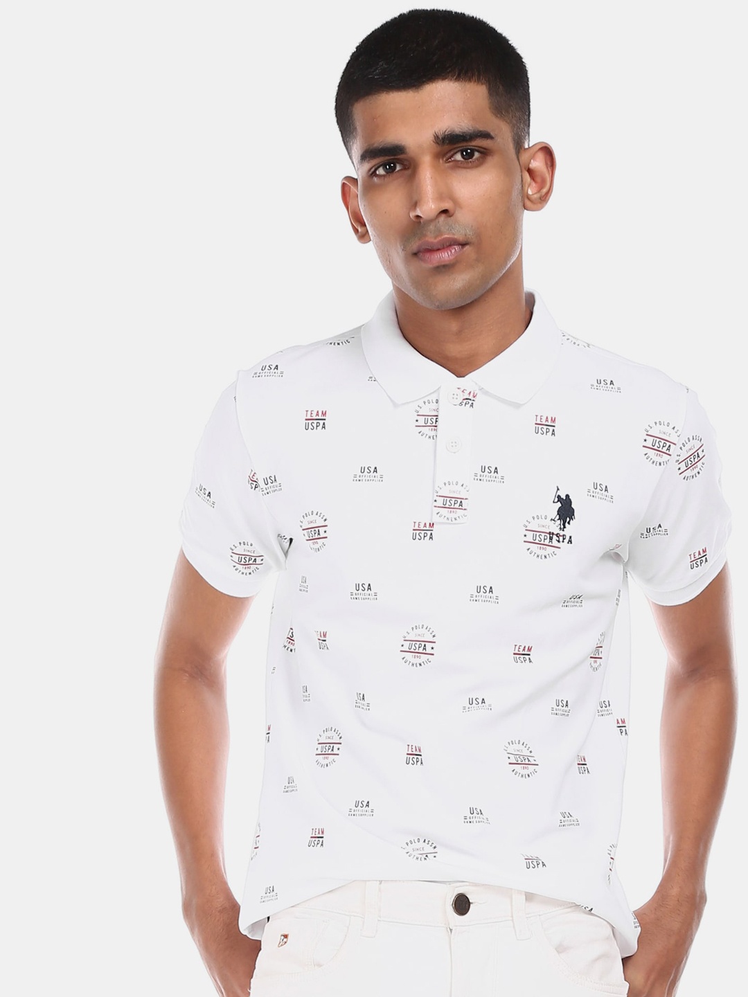 

U.S. Polo Assn. Men White Printed Polo Collar T-shirt