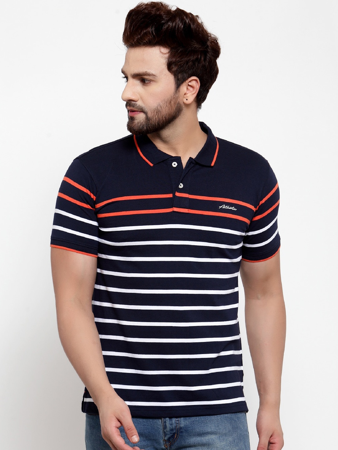 

Cantabil Men Navy Blue Striped Polo Collar T-shirt