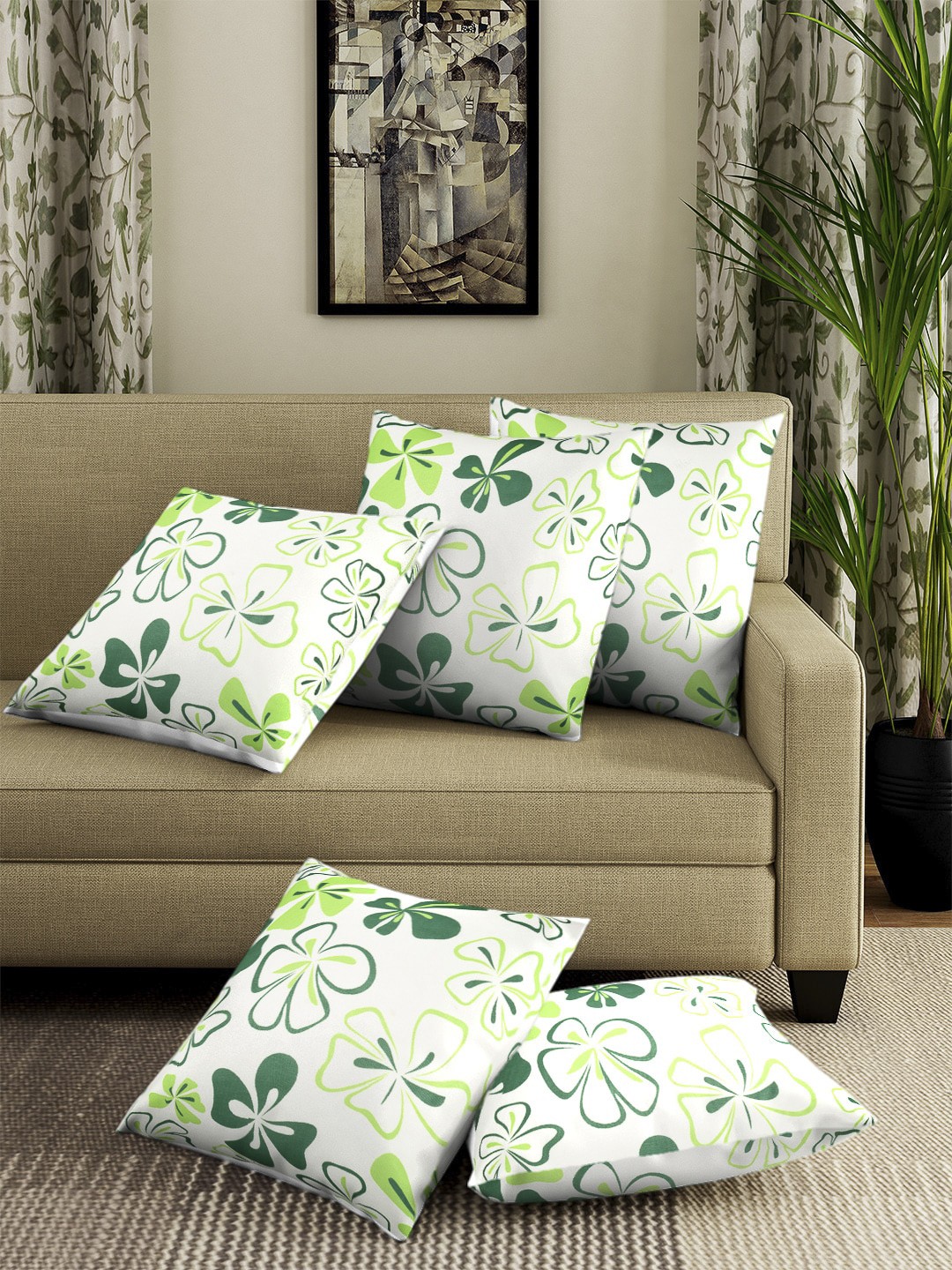 

Cortina Set Of 5 Off-White & Green Floral Printed Square Cushion Covers