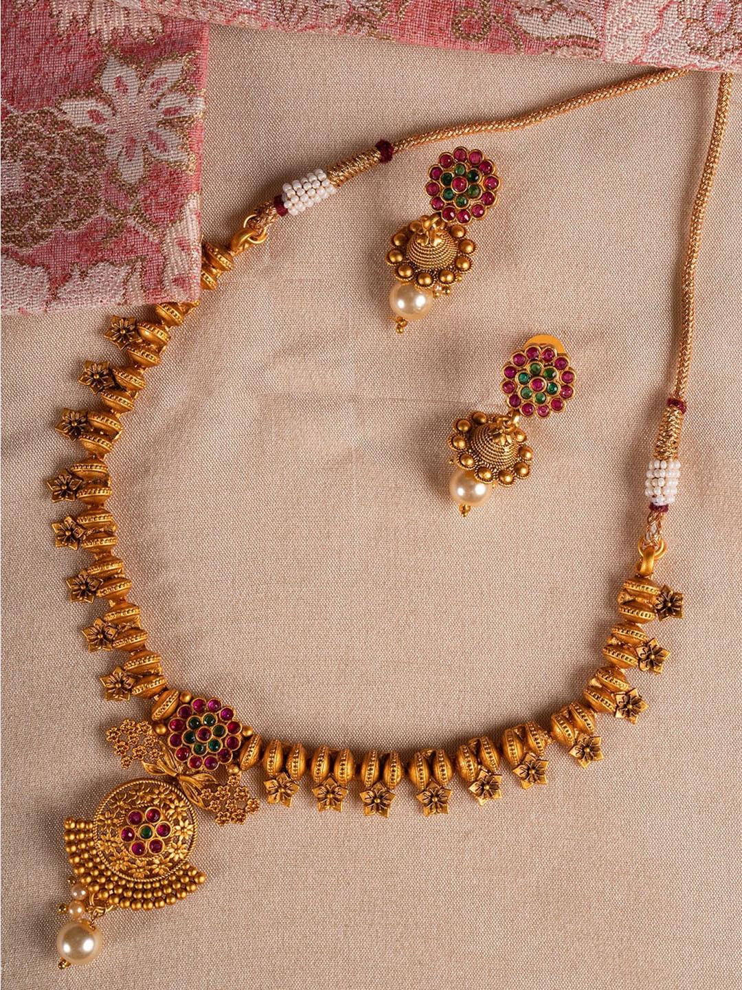 

Shoshaa Gold-Plated Pink & Green Artificial Stones Studded Handcrafted Jewellery Set
