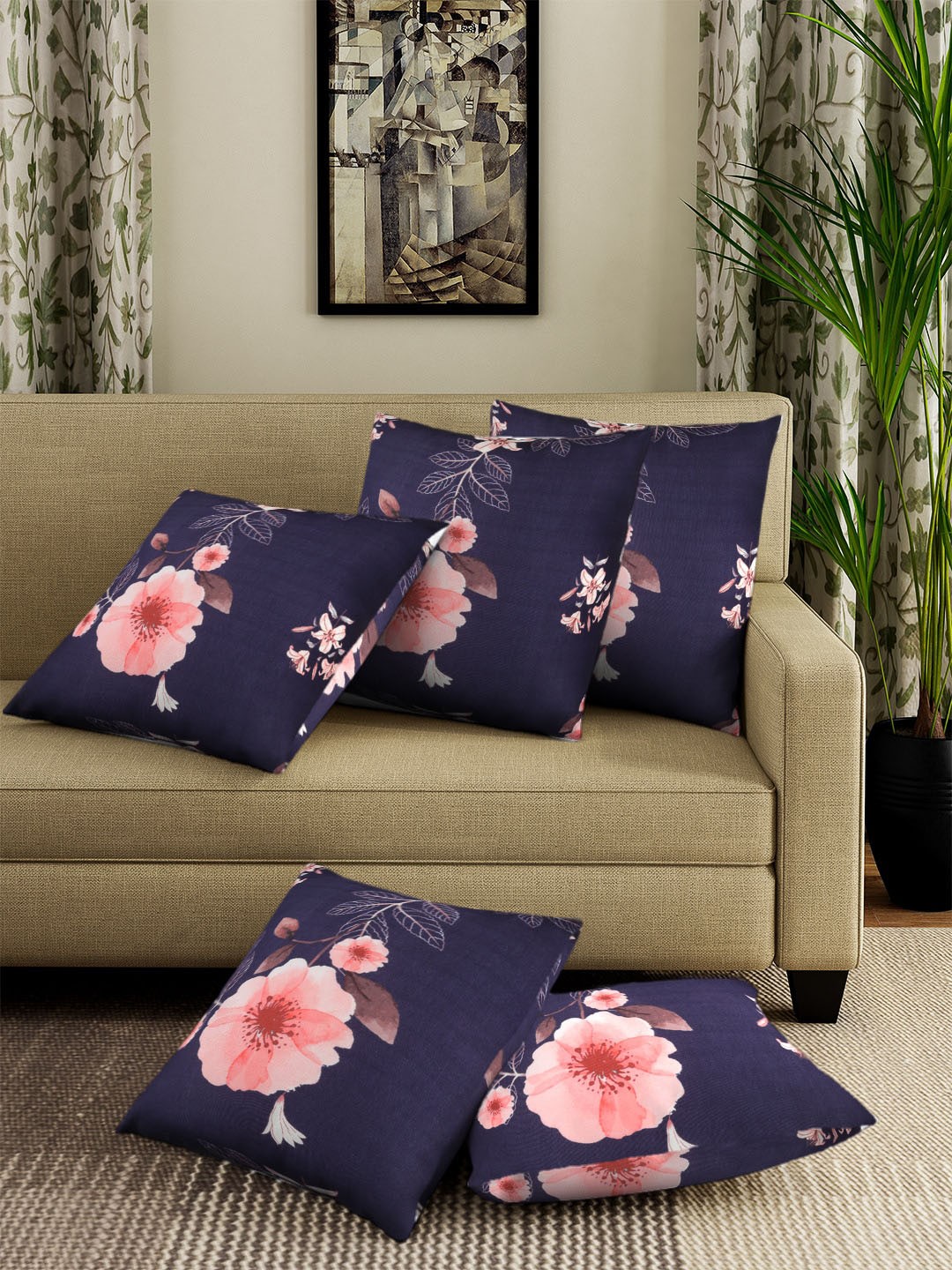 

Cortina Set Of 5 Purple & Pink Floral Printed Square Cushion Covers, Navy blue