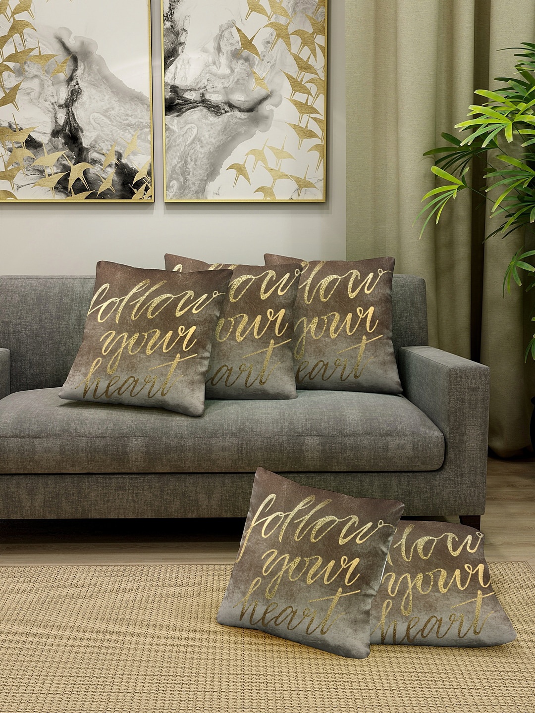 

KLOTTHE Set Of 5 Grey & Brown Printed Velvet Square Cushion Covers