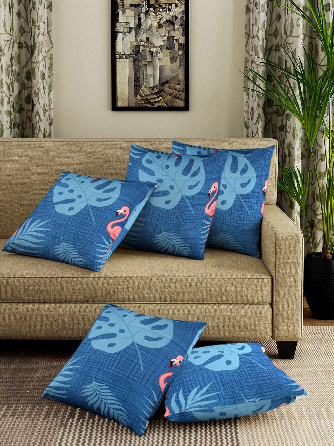 

Cortina Set Of 5 Blue & Orange Printed Cushion Covers