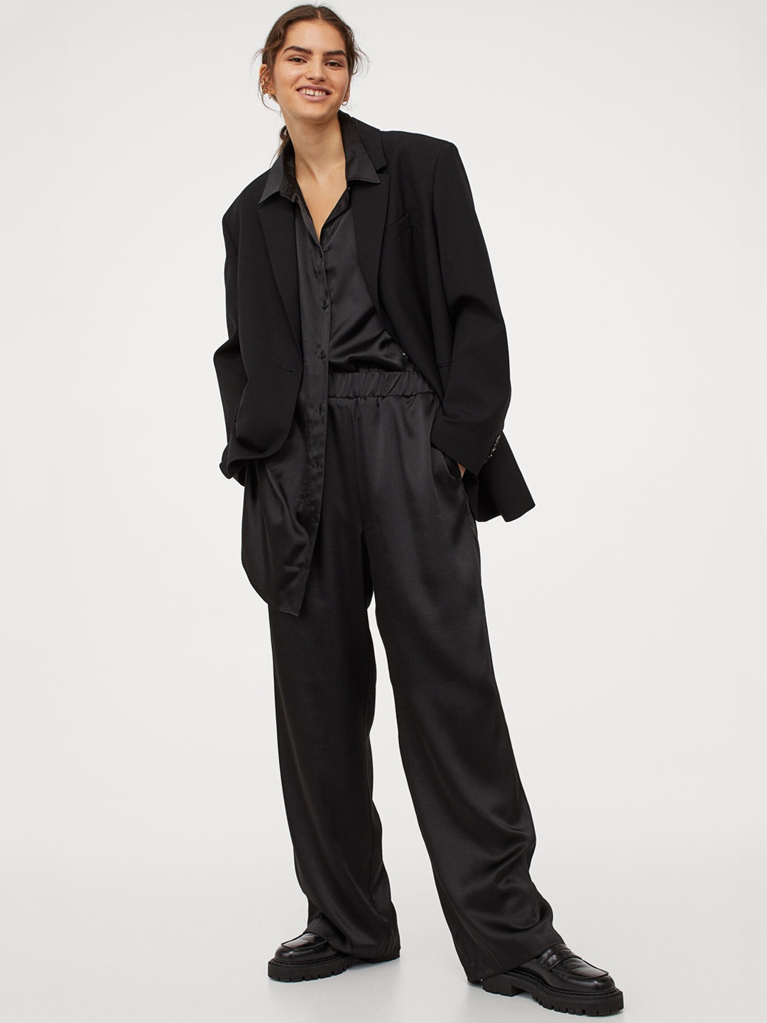 

H&M Women Black Solid Wide Satin Trousers