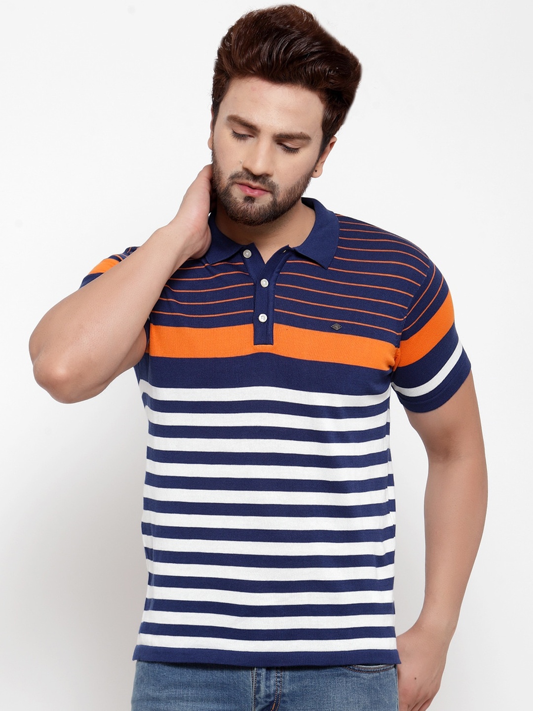 

Cantabil Men Blue Striped Polo Collar T-shirt
