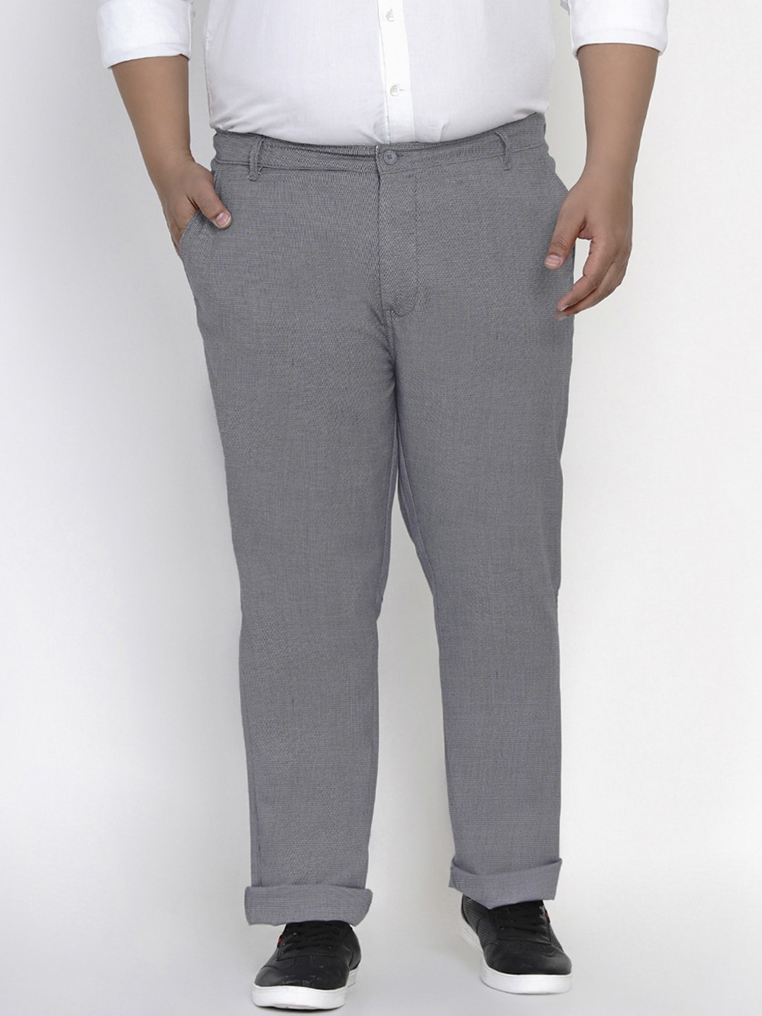 

John Pride Plus Size Men Grey Straight Fit Self Design Regular Trousers