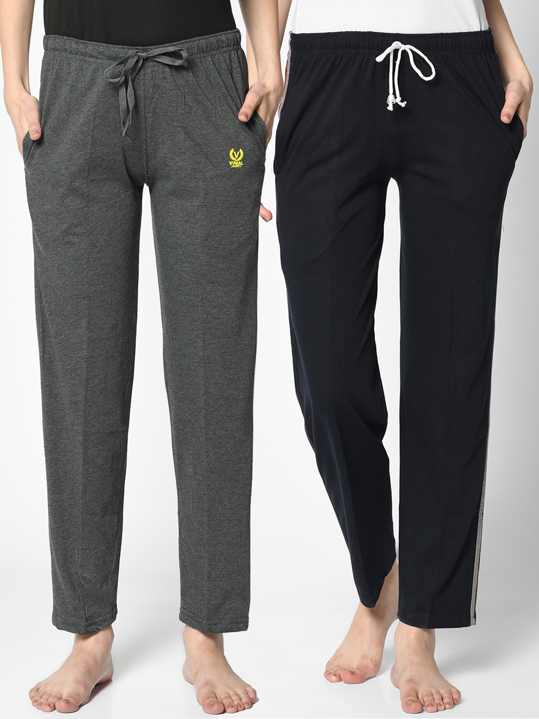 

VIMAL JONNEY Women Pack of 2 Grey & Navy Blue Solid Lounge Pants