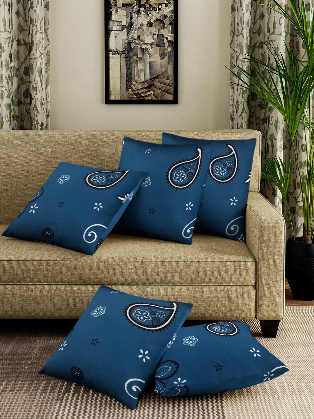 

Cortina Set Of 5 Teal-Blue & Black Printed Cushion Covers