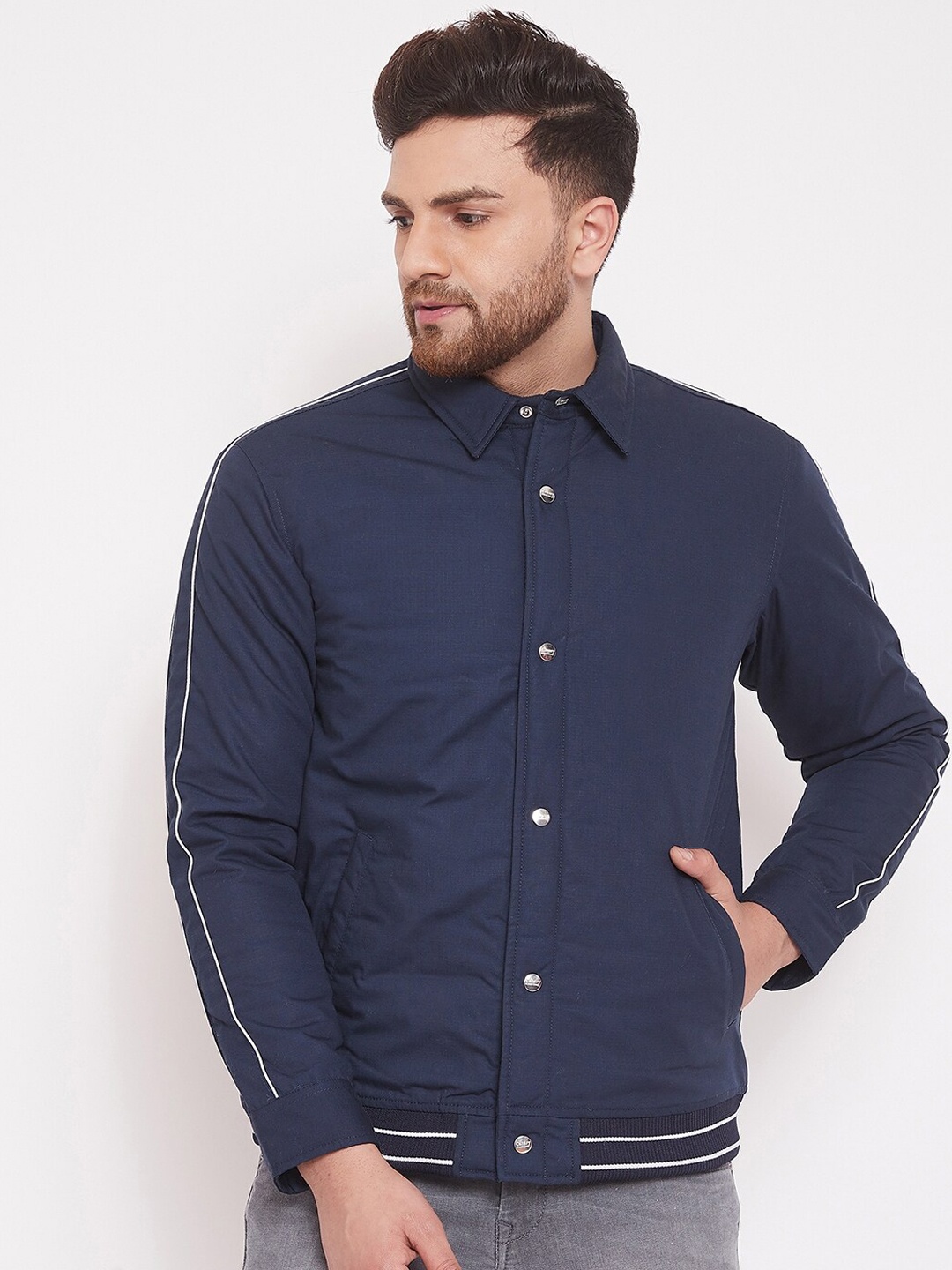 

Canary London Men Navy Blue Solid Bomber Jacket