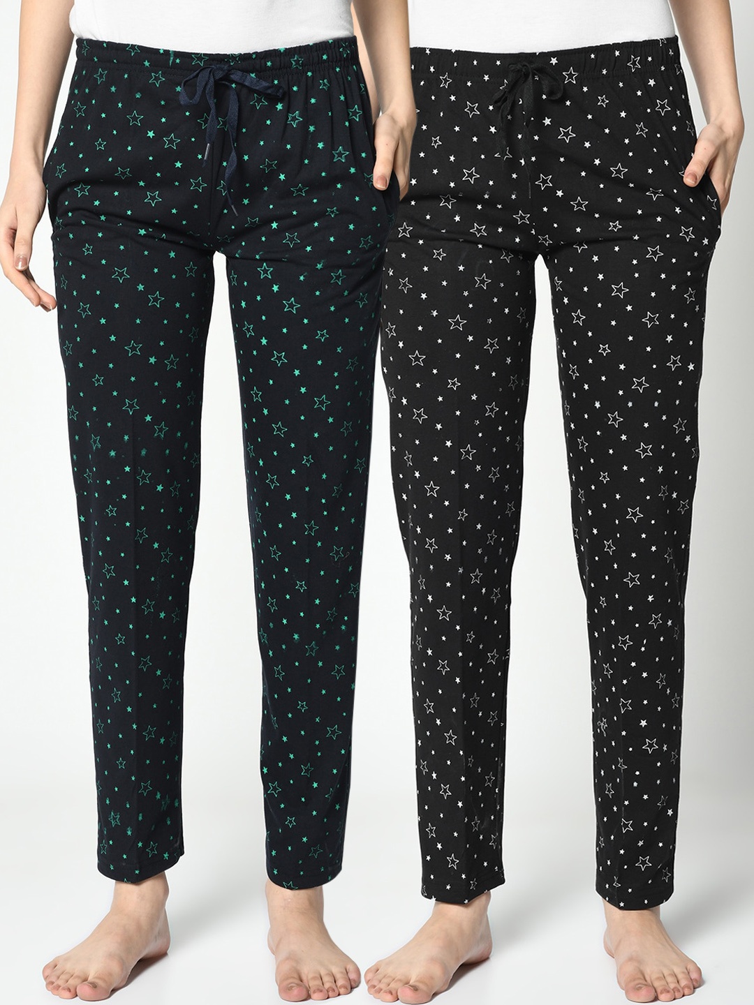 

VIMAL JONNEY Women Pack Of 2 Black & Navy Blue Printed Lounge Pants