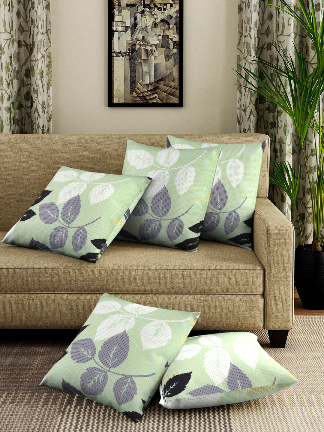 

Cortina Set Of 5 Green & Black Floral Printed Square Cushion Covers