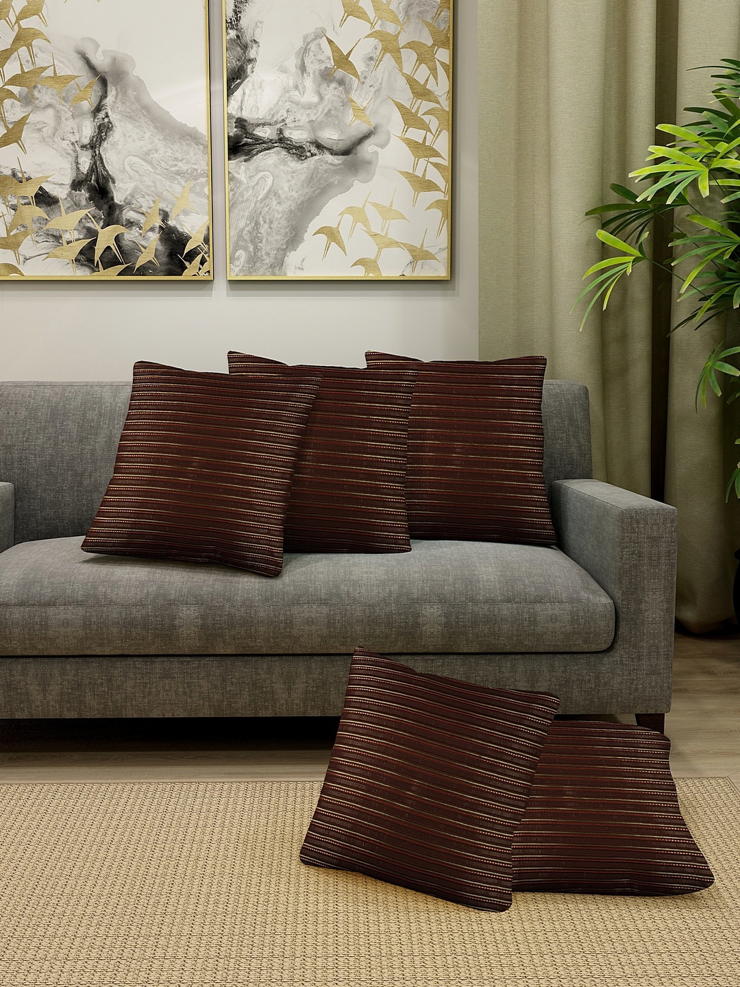 

KLOTTHE Set Of 5 Brown & Gold-Coloured Striped Square Cushion Covers