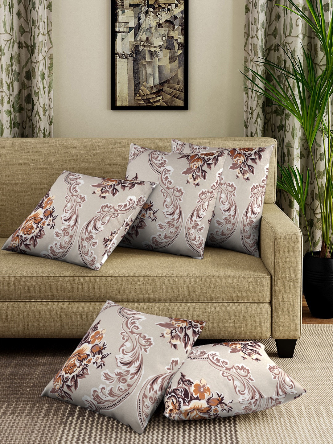 

Cortina Set Of 5 Beige & Brown Floral Printed Square Cushion Covers