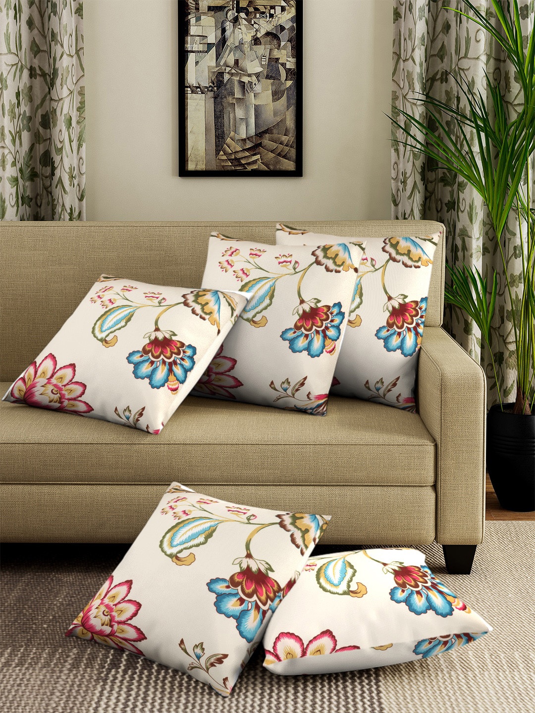 

Cortina Set Of 5 Off-White & Red Printed Cushion Covers