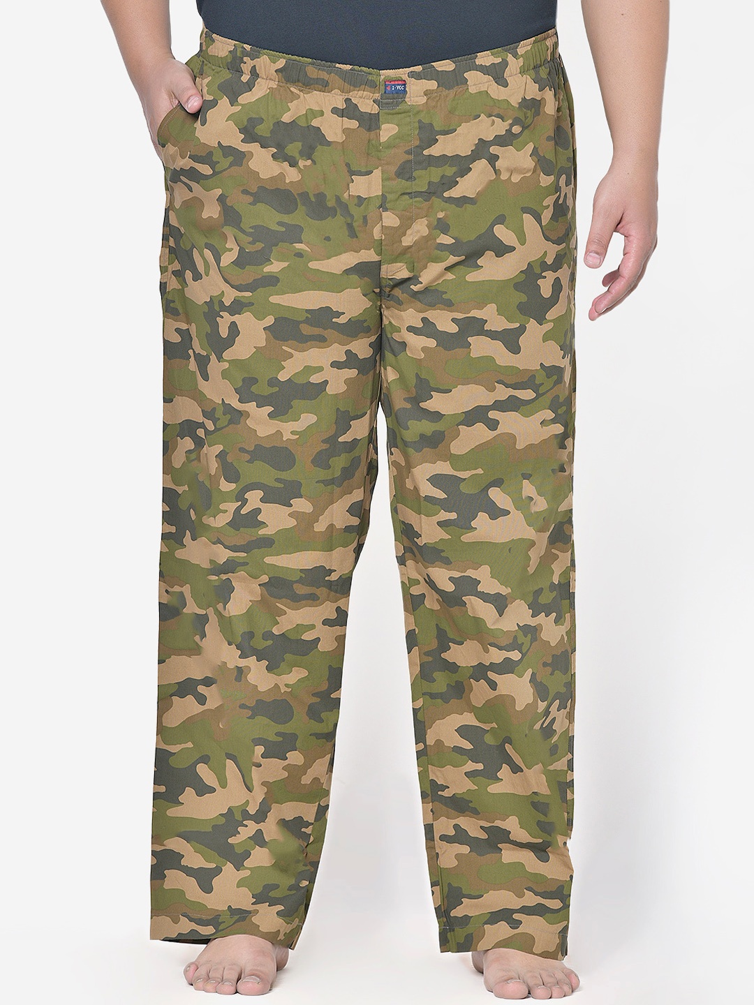 

IVOC Men Olive Green & Beige Camouflage Printed Plus Size Lounge Pants