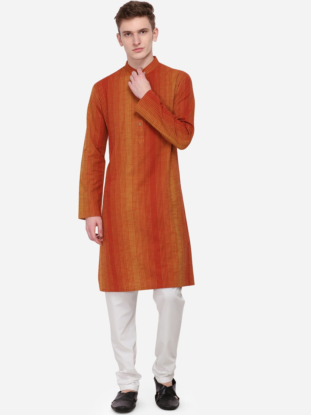 

azania Men Red Striped Straight Kurta