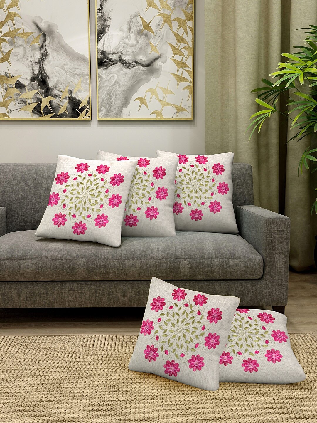 

KLOTTHE Set Of 5 Off-White & Pink Embroidered Square Cushion Covers