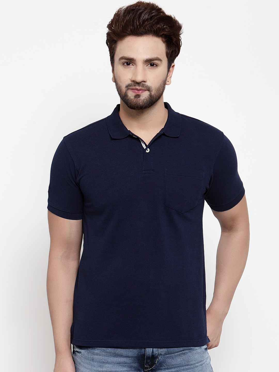 

Cantabil Men Navy Blue Solid Polo Collar T-shirt