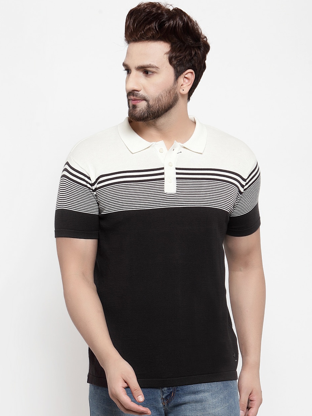 

Cantabil Men Charcoal Grey & Off White Striped Polo Collar T-shirt