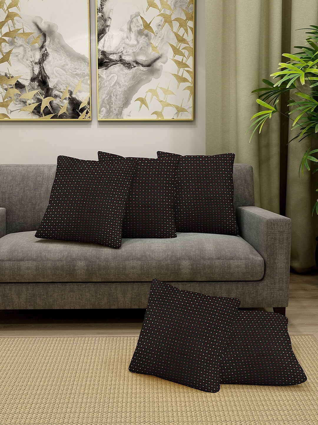KLOTTHE Set Of 5 Black & Red Self-Design Cushion Covers