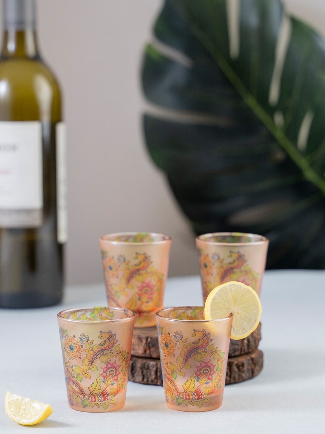 

KOLOROBIA Set Of 4 Beige & Pink Kalamkari Finesse Frosted Shot Glass