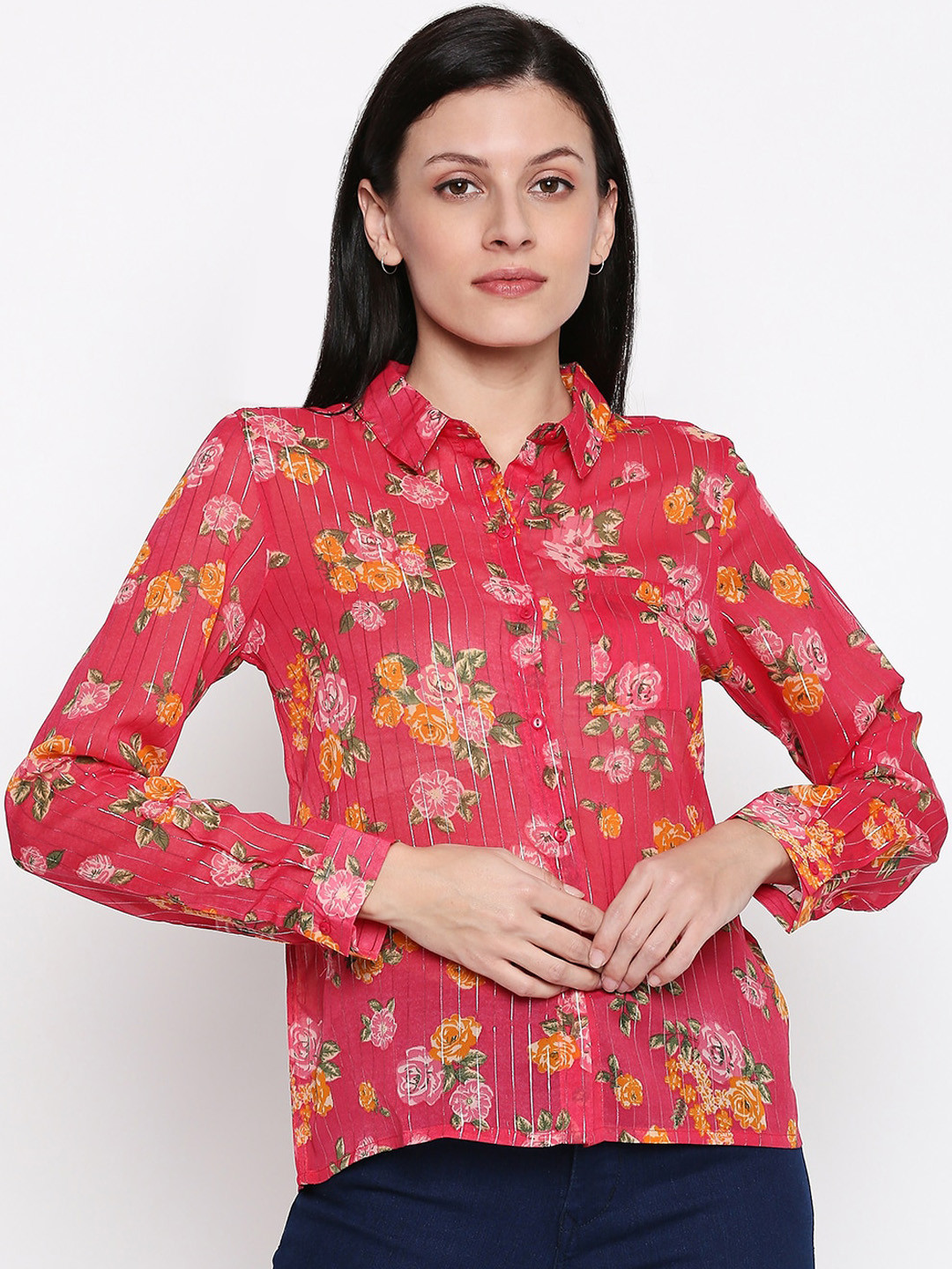

People Women Pink Printed Shirt Style Top